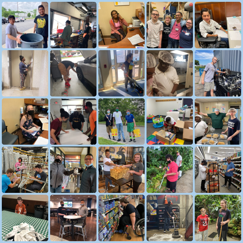 Collage of individual or small groups of young people at work